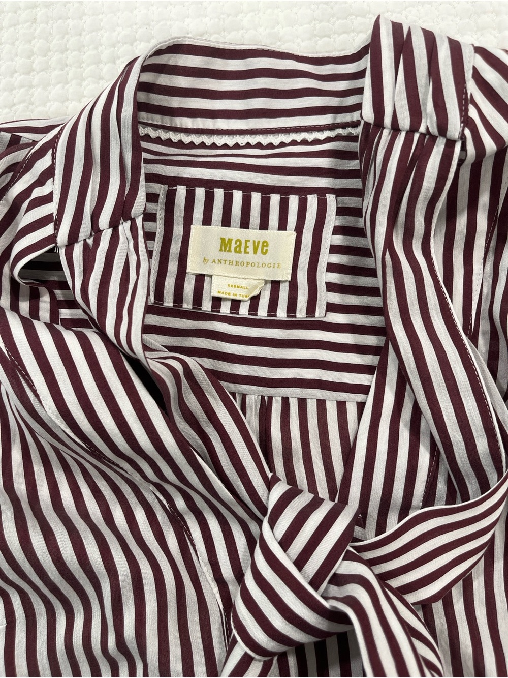 Anthropologie Maeve Tie Neck Blouse XXS Burgundy Stripe Office Career Parisian - Picture 6 of 13